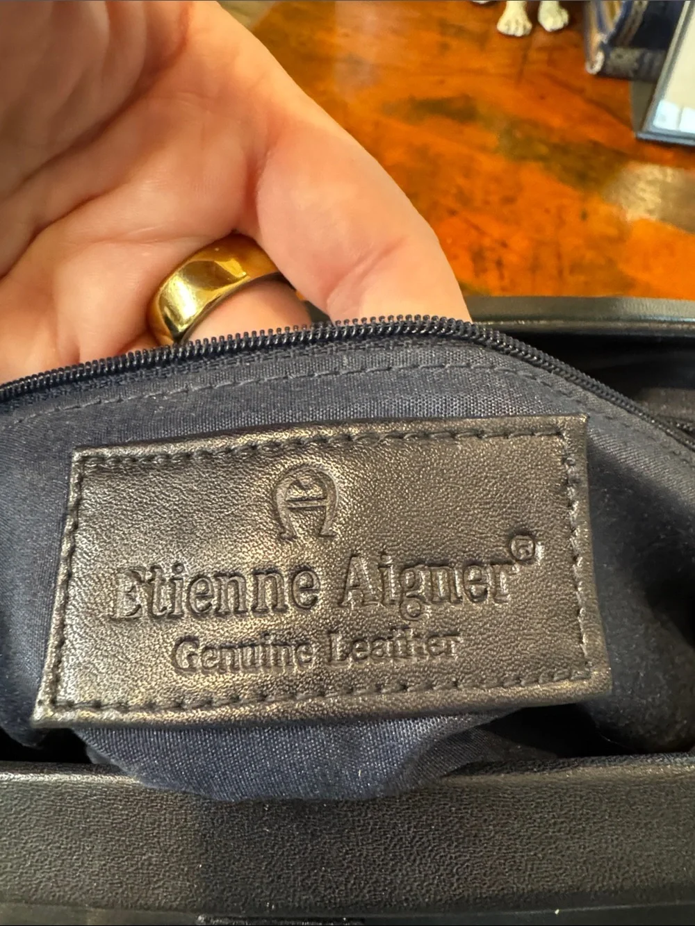 Etienne Aigner Navy Leather Satchel with Light Blue Scarf